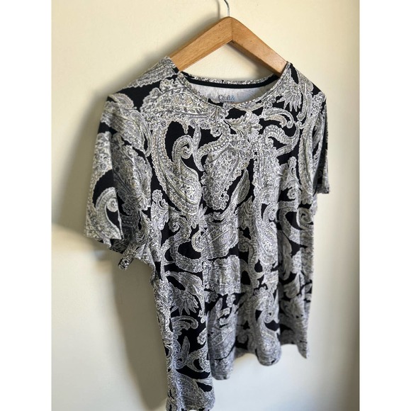 Croft & Barrow Black White Scoop Neck Paisley Cotton Short Sleeve Blouse 1X - Picture 5 of 5